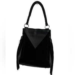 Sam Edelman Monica black fringe suede & leather bucket shoulder/crossbody purse